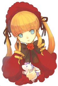 Rating: Safe Score: 0 Tags: 1girl bangs blonde_hair blue_eyes bonnet bow dress drill_hair flower hat image long_hair long_sleeves looking_at_viewer red_dress rose shinku simple_background solo twintails upper_body white_background User: admin