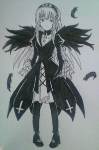 Rating: Safe Score: 0 Tags: 1girl bird black_feathers black_wings boots closed_mouth dress feathered_wings feathers frills full_body hairband image long_hair long_sleeves looking_at_viewer monochrome ribbon simple_background solo standing suigintou traditional_media wide_sleeves wings User: admin