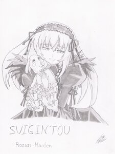 Rating: Safe Score: 0 Tags: 1girl dress frilled_sleeves frills greyscale hairband holding image juliet_sleeves long_hair long_sleeves looking_at_viewer monochrome smile solo striped suigintou traditional_media upper_body wings User: admin