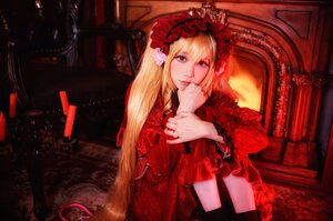 Rating: Safe Score: 0 Tags: 1girl blonde_hair blue_eyes chair dress flower lolita_fashion long_hair looking_at_viewer red_dress shinku sitting smile solo twintails User: admin