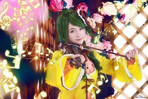 Rating: Safe Score: 0 Tags: 1girl eighth_note flower green_eyes green_hair instrument kanaria music musical_note playing_instrument rose smile solo violin User: admin