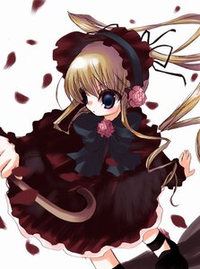 Rating: Safe Score: 0 Tags: 1girl blonde_hair blue_eyes bonnet bow bowtie dress flower image long_hair long_sleeves petals rose rose_petals shinku solo thighhighs twintails User: admin