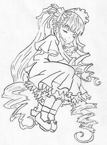 Rating: Safe Score: 0 Tags: 1girl bangs boots closed_eyes dress drill_hair frills full_body greyscale image long_hair long_sleeves monochrome shinku solo traditional_media very_long_hair User: admin