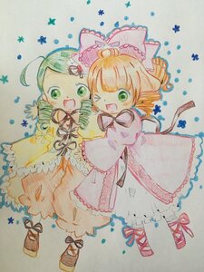 Rating: Safe Score: 0 Tags: 2girls blonde_hair bow colored_pencil_(medium) dress drill_hair green_eyes hair_bow hair_ornament hina_ichigo hinaichigo image kanaria long_hair multiple_girls one_eye_closed open_mouth pair smile traditional_media watercolor_(medium) User: admin