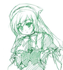 Rating: Safe Score: 0 Tags: 1girl apron blush dress green_theme image long_sleeves looking_at_viewer maid maid_headdress monochrome simple_background sketch solo suiseiseki white_background User: admin