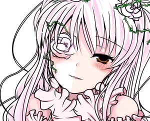 Rating: Safe Score: 0 Tags: 1girl blush flower frills hair_ornament image kirakishou long_hair looking_at_viewer rose simple_background smile solo white_flower white_rose User: admin