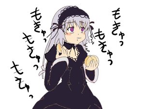 Rating: Safe Score: 0 Tags: 1girl blush eating food hairband holding holding_food image lolita_hairband long_hair long_sleeves purple_eyes simple_background solo suigintou upper_body white_background User: admin