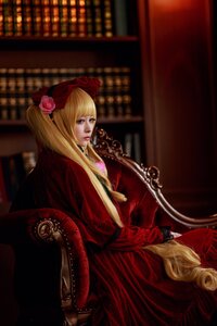 Rating: Safe Score: 0 Tags: 1girl blonde_hair blurry bookshelf depth_of_field dress flower indoors lips long_hair red_dress rose shinku sitting solo User: admin