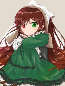 Rating: Safe Score: 0 Tags: 1girl bangs brown_hair closed_mouth dress frills green_dress green_eyes heterochromia image long_hair long_sleeves looking_at_viewer red_eyes simple_background solo suiseiseki very_long_hair User: admin