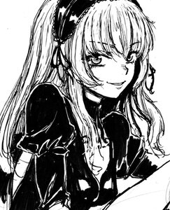 Rating: Safe Score: 0 Tags: 1girl dress greyscale hairband image lolita_hairband long_hair looking_at_viewer monochrome puffy_sleeves simple_background sketch smile solo suigintou upper_body white_background User: admin