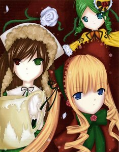 Rating: Safe Score: 0 Tags: 3girls blonde_hair blue_eyes bow brown_hair dress drill_hair flower green_dress green_eyes green_hair hat image long_hair long_sleeves looking_at_viewer multiple multiple_girls petals red_eyes rose shinku suiseiseki tagme twin_drills User: admin