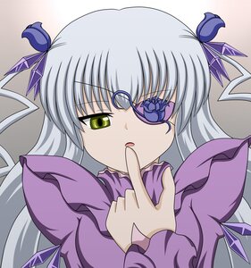 Rating: Safe Score: 0 Tags: 1girl bangs barasuishou dress eyepatch flower hair_ornament hair_ribbon image long_hair long_sleeves looking_at_viewer purple_dress purple_flower ribbon silver_hair simple_background solo upper_body yellow_eyes User: admin