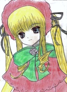 Rating: Safe Score: 0 Tags: 1girl bangs blonde_hair blue_eyes bonnet bow bowtie dress flower green_bow hat image long_hair long_sleeves looking_at_viewer marker_(medium) red_dress rose shinku sidelocks simple_background solo traditional_media twintails very_long_hair white_background User: admin