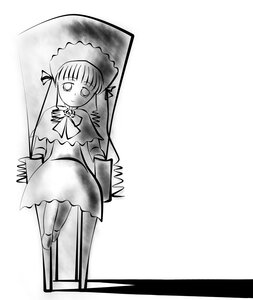 Rating: Safe Score: 0 Tags: 1girl bonnet dress full_body greyscale image long_hair long_sleeves monochrome shinku simple_background sitting solo standing very_long_hair white_background User: admin