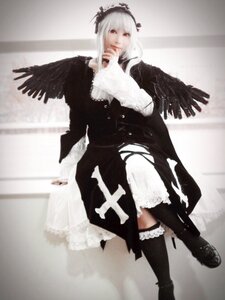 Rating: Safe Score: 0 Tags: 1girl bangs black_footwear black_legwear black_wings boots dress feathers frills full_body gothic_lolita hairband lace lolita_hairband long_sleeves looking_at_viewer red_eyes solo standing suigintou thighhighs wings User: admin