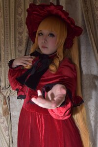 Rating: Safe Score: 0 Tags: 1girl blonde_hair blue_eyes bonnet bow curtains dress drill_hair flower hands lips long_hair long_sleeves looking_at_viewer red_dress rose shinku solo User: admin