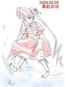 Rating: Safe Score: 0 Tags: 1girl barefoot bloomers bow bowtie dress full_body image long_hair long_sleeves looking_at_viewer red_eyes shinku solo standing twintails underwear very_long_hair water User: admin