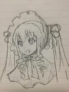 Rating: Safe Score: 0 Tags: 1girl :d bonnet bowtie drill_hair graphite_(medium) image long_hair looking_at_viewer monochrome open_mouth photo shinku sketch smile solo traditional_media twin_drills User: admin