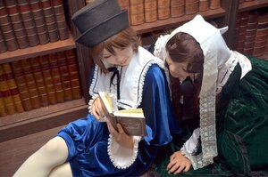 Rating: Safe Score: 0 Tags: blue_dress book brown_hair closed_eyes dress hat long_sleeves multiple_cosplay open_book sitting tagme top_hat User: admin