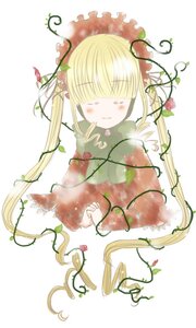 Rating: Safe Score: 0 Tags: 1girl auto_tagged bangs blonde_hair blush closed_eyes dress flower image long_hair plant shinku smile solo thorns twintails vines white_background User: admin
