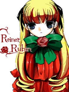 Rating: Safe Score: 0 Tags: 1girl blonde_hair blue_eyes bow bowtie dress drill_hair flower green_bow image long_hair long_sleeves looking_at_viewer red_flower red_rose rose shinku simple_background solo twin_drills upper_body white_background User: admin