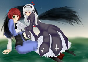 Rating: Safe Score: 0 Tags: 2girls black_wings boots dress frills green_eyes hairband heterochromia image long_hair long_sleeves multiple_girls pair red_eyes silver_hair souseiseki suigintou wings yuri User: admin