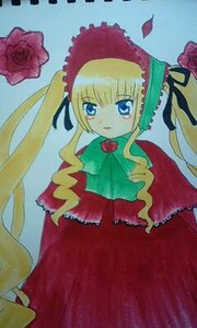 Rating: Safe Score: 0 Tags: 1girl blonde_hair blue_eyes bonnet bow bowtie dress flower green_bow green_neckwear image long_hair long_sleeves looking_at_viewer red_dress red_flower rose shinku sidelocks solo traditional_media twintails very_long_hair User: admin