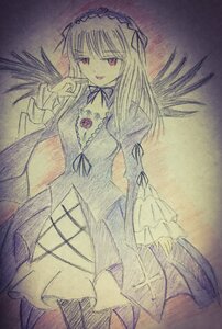 Rating: Safe Score: 0 Tags: 1girl black_wings choker detached_collar dress flower frills hairband image long_hair long_sleeves looking_at_viewer open_mouth red_eyes ribbon rose simple_background solo suigintou traditional_media wings User: admin