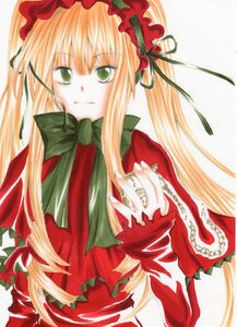 Rating: Safe Score: 0 Tags: 1girl blonde_hair bow bowtie dress frills green_eyes green_neckwear image long_hair long_sleeves looking_at_viewer marker_(medium) ribbon shinku simple_background solo traditional_media upper_body white_background User: admin