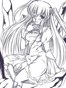 Rating: Safe Score: 0 Tags: 1girl auto_tagged blush boots dress flower frills greyscale hair_flower hair_ornament image kirakishou long_hair monochrome rose sitting solo suigintou two_side_up User: admin