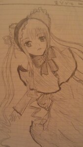 Rating: Safe Score: 0 Tags: 1girl bow bowtie dress hairband image long_hair long_sleeves looking_at_viewer monochrome photo shinku simple_background solo traditional_media twintails User: admin