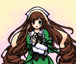 Rating: Safe Score: 0 Tags: 1girl :d brown_hair dress frills green_dress green_eyes hat head_scarf heterochromia image long_hair long_sleeves looking_at_viewer open_mouth red_eyes simple_background smile solo suiseiseki very_long_hair User: admin