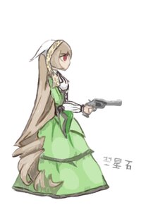 Rating: Safe Score: 0 Tags: 1girl brown_hair dress green_dress gun handgun holding holding_gun holding_weapon image long_hair long_sleeves profile puffy_sleeves red_eyes revolver simple_background solo suiseiseki very_long_hair weapon white_background User: admin