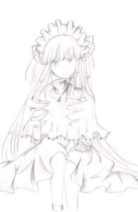 Rating: Safe Score: 0 Tags: 1girl bow bowtie dress drill_hair greyscale image long_hair long_sleeves looking_at_viewer monochrome shinku simple_background sitting solo striped vertical_stripes very_long_hair white_background User: admin