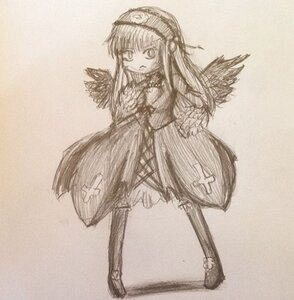 Rating: Safe Score: 0 Tags: 1girl dress full_body hairband image long_hair long_sleeves looking_at_viewer monochrome photo simple_background solo standing star_(symbol) suigintou traditional_media wings User: admin
