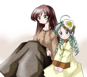 Rating: Safe Score: 0 Tags: 2girls ahoge blush brown_hair drill_hair flower green_eyes green_hair hair_ornament heterochromia image kanaria long_hair long_sleeves multiple_girls pair red_eyes sitting suiseiseki twin_drills User: admin