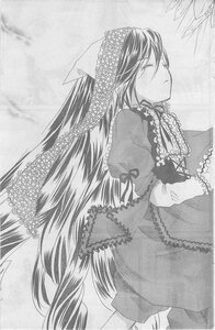 Rating: Safe Score: 0 Tags: 1girl bow closed_eyes dress frills greyscale head_scarf image long_hair long_sleeves monochrome puffy_sleeves solo suiseiseki traditional_media very_long_hair User: admin