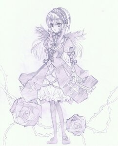 Rating: Safe Score: 0 Tags: 1girl dress flower frills full_body hairband image long_hair long_sleeves monochrome pantyhose ribbon rose solo standing suigintou wings User: admin