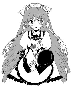 Rating: Safe Score: 0 Tags: 1girl animal_ears apron dress eyebrows_visible_through_hair frills greyscale hat holding image long_hair long_sleeves looking_at_viewer monochrome open_mouth pointy_ears simple_background smile solo suiseiseki very_long_hair white_background User: admin