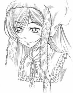 Rating: Safe Score: 0 Tags: 1girl frills greyscale image long_hair looking_at_viewer monochrome simple_background smile solo suiseiseki upper_body white_background User: admin