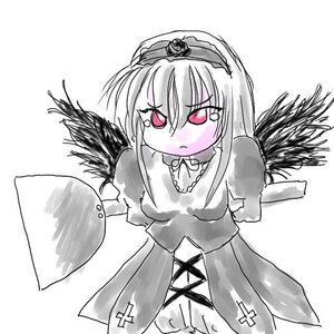 Rating: Safe Score: 0 Tags: 1girl black_wings dress greyscale image long_hair looking_at_viewer monochrome puffy_short_sleeves puffy_sleeves short_sleeves solo suigintou tears wings User: admin
