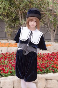 Rating: Safe Score: 0 Tags: 1girl bangs brown_hair capelet dress flower hat lips looking_at_viewer outdoors red_flower rose short_hair smile solo souseiseki standing User: admin