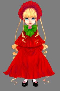 Rating: Safe Score: 0 Tags: 1girl black_footwear blonde_hair blue_eyes bonnet bow bowtie capelet dress flower full_body green_bow green_neckwear image long_hair long_sleeves looking_at_viewer red_dress rose shinku shoes simple_background solo standing very_long_hair white_background User: admin