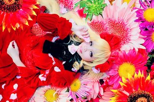 Rating: Safe Score: 0 Tags: 1girl auto_tagged bangs blonde_hair blue_eyes dress flower long_hair looking_at_viewer lying on_back petals red_dress shinku solo sunflower yellow_flower User: admin