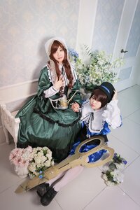 Rating: Safe Score: 0 Tags: 2girls black_footwear blue_dress brown_hair dress flower frills green_dress hat long_hair long_sleeves multiple_cosplay multiple_girls shoes sitting smile suiseiseki tagme User: admin