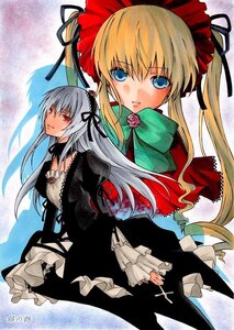 Rating: Safe Score: 0 Tags: 2girls blonde_hair blue_eyes bow dress drill_hair flower frills green_bow green_neckwear image long_hair long_sleeves looking_at_viewer marker_(medium) multiple_girls pair red_dress rose shinku silver_hair suigintou twintails User: admin