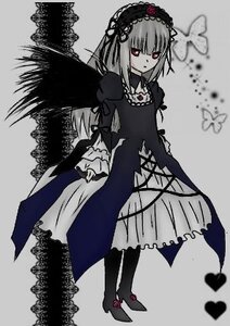 Rating: Safe Score: 0 Tags: 1girl black_wings bug butterfly dress expressionless flower frills full_body hairband image insect lolita_hairband long_sleeves monochrome pantyhose rose solo standing suigintou wings User: admin