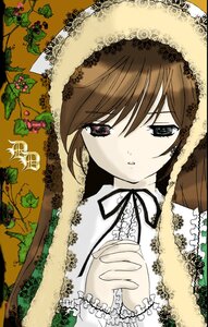 Rating: Safe Score: 0 Tags: 1girl black_ribbon brown_hair dress hands_clasped image lace long_hair long_sleeves looking_at_viewer own_hands_together plant ribbon solo suiseiseki User: admin