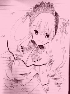 Rating: Safe Score: 0 Tags: 1girl bow bowtie capelet dress eyebrows_visible_through_hair image long_hair long_sleeves looking_at_viewer monochrome pink_theme shinku smile solo twintails User: admin