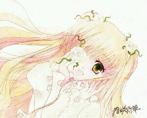 Rating: Safe Score: 0 Tags: 1girl blonde_hair dress flower frills green_eyes image kirakishou long_hair long_sleeves rose smile solo traditional_media two_side_up upper_body very_long_hair User: admin